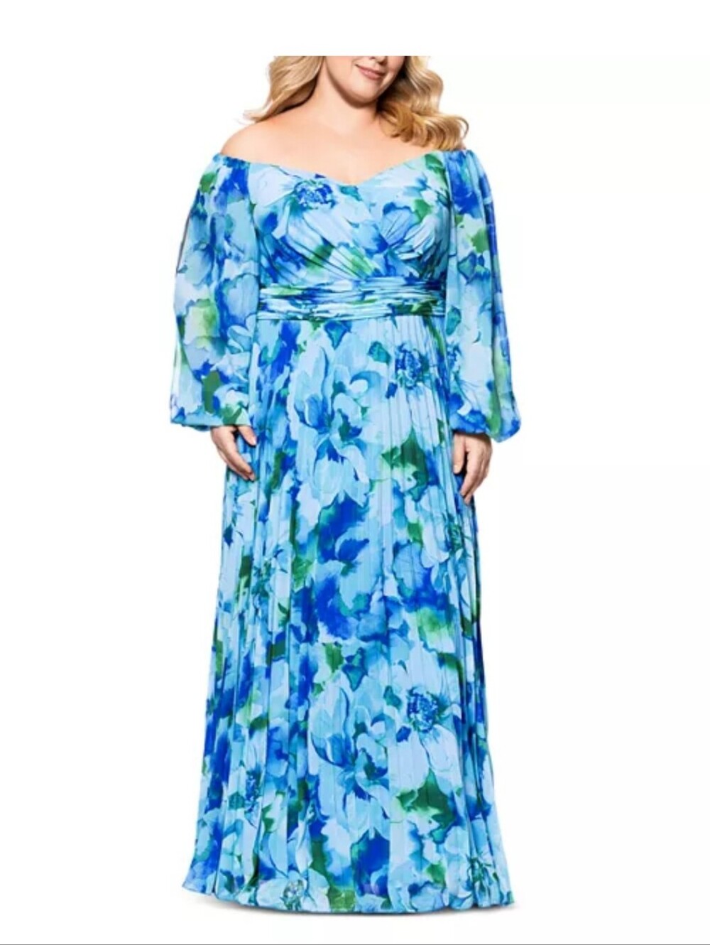 Xscape 16W Blue Floral Chiffon Pleated Cold Shoulder Maxi Gown Plus Size $279